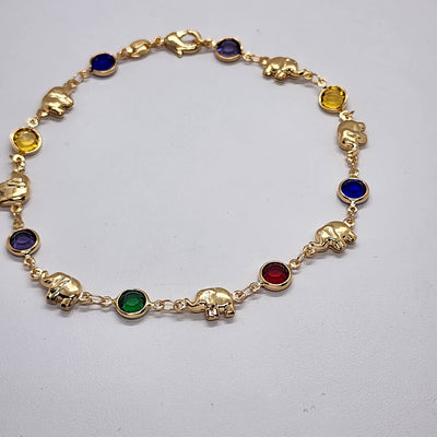 Brand New Brazilian 18k Gold Filled Multi Elephants & Colors Gem Anklet