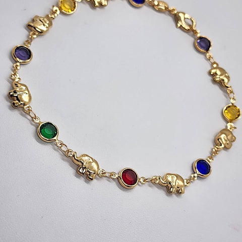 Brand New Brazilian 18k Gold Filled Multi Elephants & Colors Gem Anklet