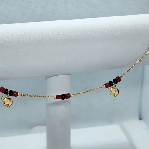 Brand New Brazilian 18k Gold Filled 2 Elephants red/black Beaded Anklet