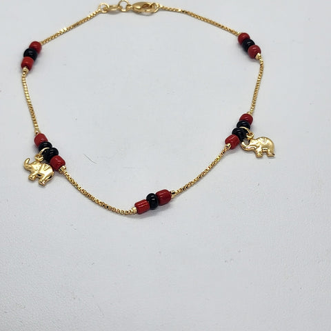 Brand New Brazilian 18k Gold Filled 2 Elephants red/black Beaded Anklet