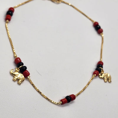 Brand New Brazilian 18k Gold Filled 2 Elephants red/black Beaded Anklet