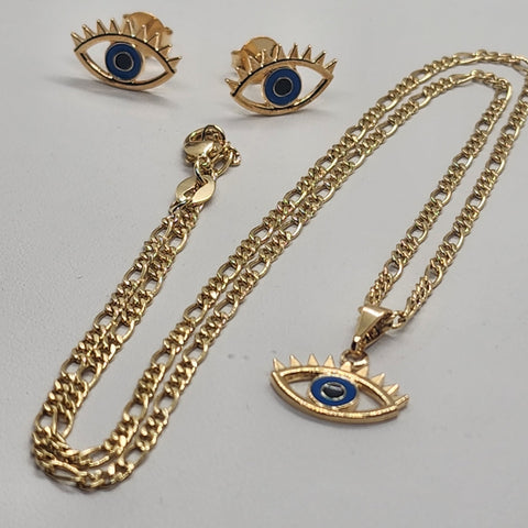 Brand New Brazilian 18k Gold Filled Evil Eye 2pc Set Necklace & Earring