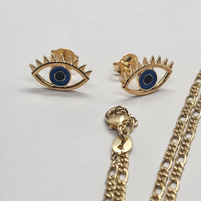 Brand New Brazilian 18k Gold Filled Evil Eye 2pc Set Necklace & Earring