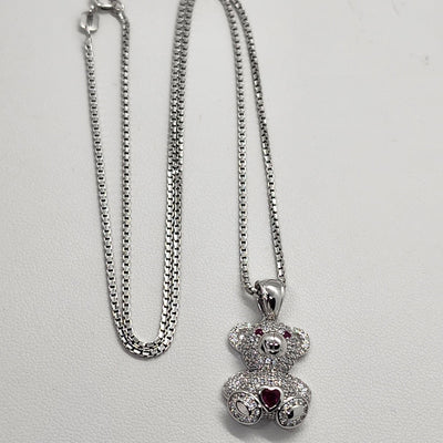 Brand New Sterling Silver 925 Pink Heart Teddy Bear Necklace