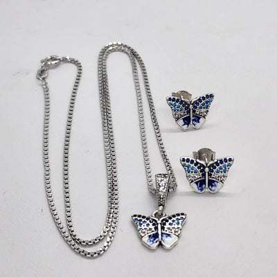 Brand New Sterling Silver 925 Butterfly 2pc Earrings & Necklace Set