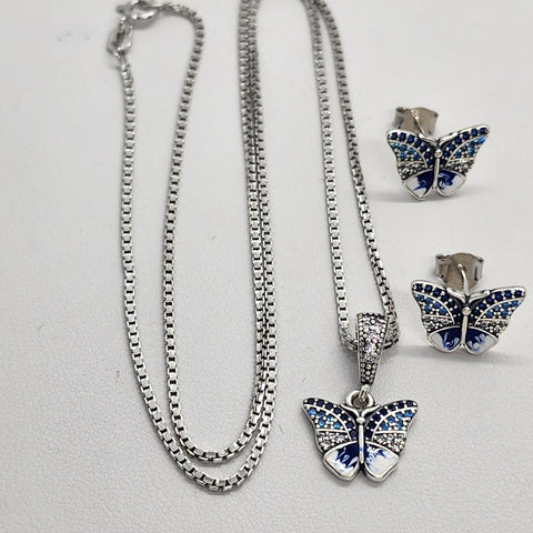 Brand New Sterling Silver 925 Butterfly 2pc Earrings & Necklace Set