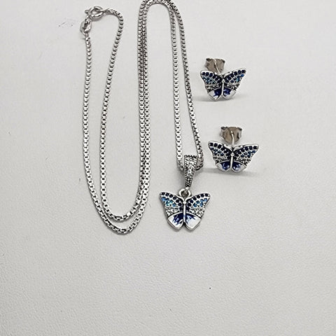 Brand New Sterling Silver 925 Butterfly 2pc Earrings & Necklace Set