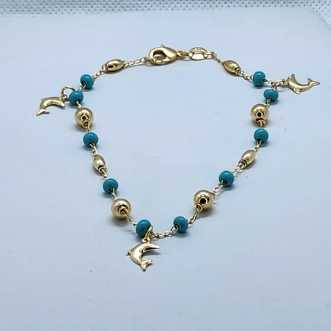 Brand New Brazilian 18k Gold 3 Dolphins Beaded Anklet