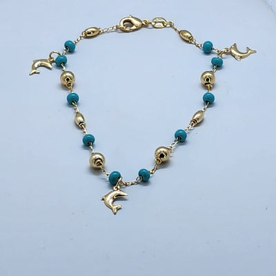 Brand New Brazilian 18k Gold 3 Dolphins Beaded Anklet