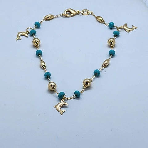 Brand New Brazilian 18k Gold 3 Dolphins Beaded Anklet