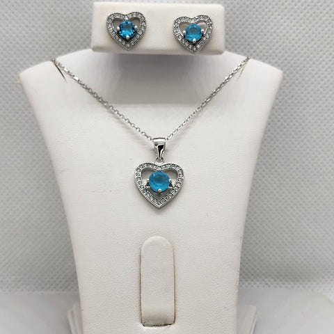 Brand New Sterling Silver 925 Blue Gemstone Heart 2pcs Set