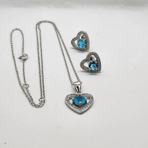 Brand New Sterling Silver 925 Blue Gemstone Heart 2pcs Set