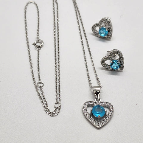 Brand New Sterling Silver 925 Blue Gemstone Heart 2pcs Set