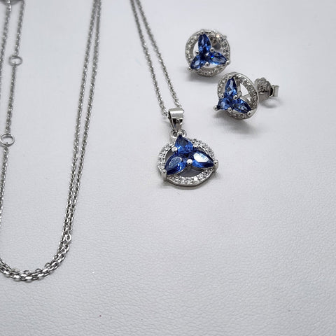 Brand New Sterling Silver 925 Round Cz Blue Gemstones 2pc Set