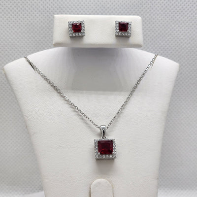 Brand New Sterling Silver 925 Red Square Gemstone 2pc Set