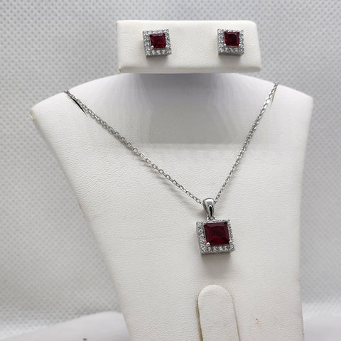 Brand New Sterling Silver 925 Red Square Gemstone 2pc Set