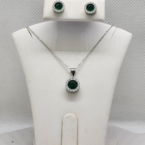 Brand New Sterling Silver 925 Round Green Gemstone 2pcs Set