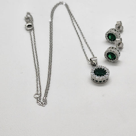 Brand New Sterling Silver 925 Round Green Gemstone 2pcs Set