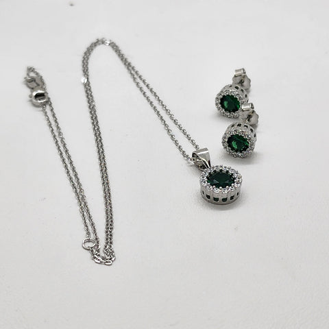 Brand New Sterling Silver 925 Round Green Gemstone 2pcs Set