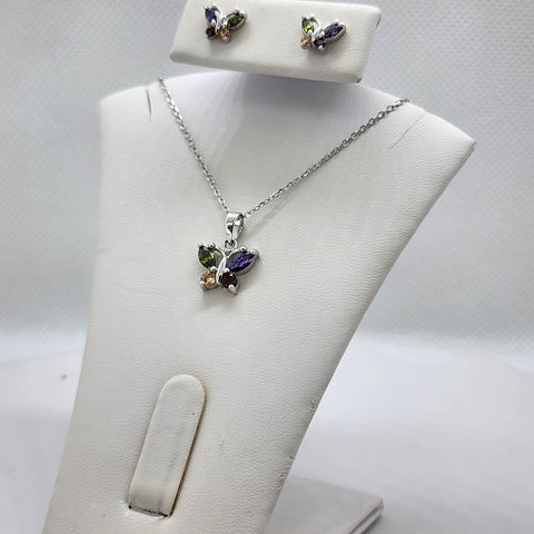 Brand New Sterling Silver 925 Multi Color Gemstones Butterfly 2pcs Set