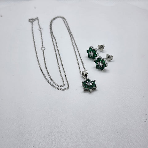 Brand New Sterling Silver 925 Green Gemstone Flower 2pcs Set