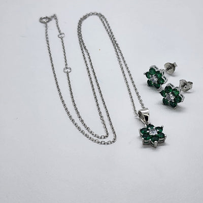 Brand New Sterling Silver 925 Green Gemstone Flower 2pcs Set