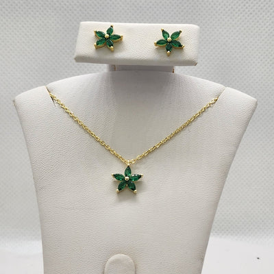 Brand New Sterling Silver 925 Green Gemstone Flower 2pcs Set