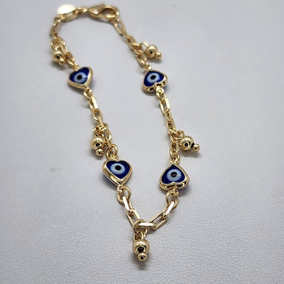 Brand New Brazilian 18k Gold Filled Multi Blue Heart  Evil Eye Bracelet