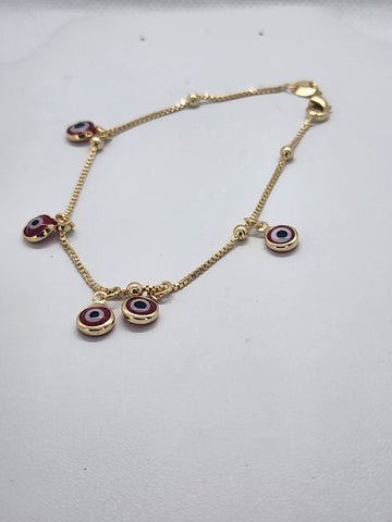 Brand New Brazilian 18k Gold Filled 5 Red Evil Eye Bracelet