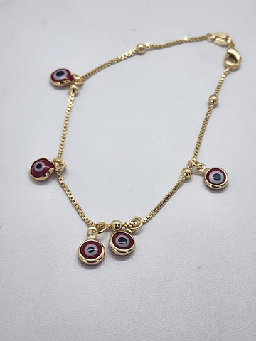 Brand New Brazilian 18k Gold Filled 5 Red Evil Eye Bracelet