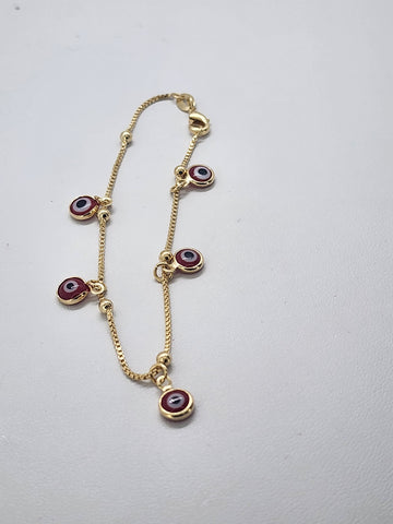 Brand New Brazilian 18k Gold Filled 5 Red Evil Eye Bracelet