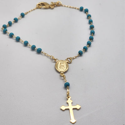 Brand New Brazilian 18k Gold Filled Blue Beaded Virgen & Cross Bracelet