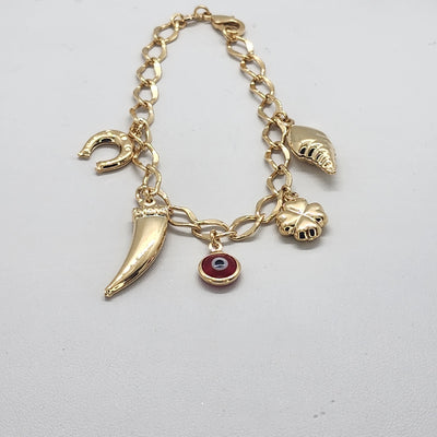 Brand New Brazilain 18k Gold Red Evil Eye Multi Charms Bracelet