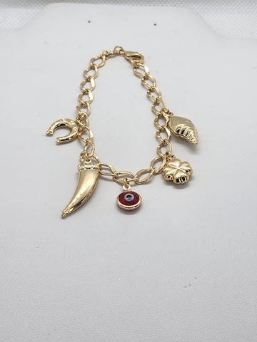 Brand New Brazilain 18k Gold Red Evil Eye Multi Charms Bracelet