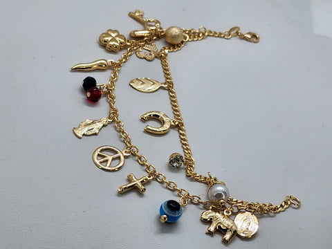 Brand New Brazilian 18k Gold Filled Two Row Multi Charms Bracelet