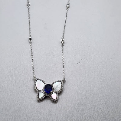 Brand New Sterling Silver 925 Blue Gemstone Butterfly Necklace