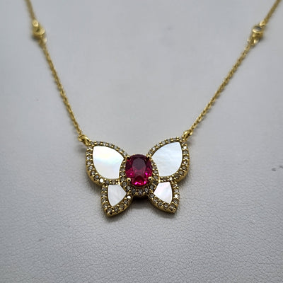 Brand New Sterling Silver 925 Pink Gemstone Butterfly Necklace