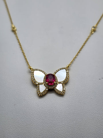 Brand New Sterling Silver 925 Pink Gemstone Butterfly Necklace