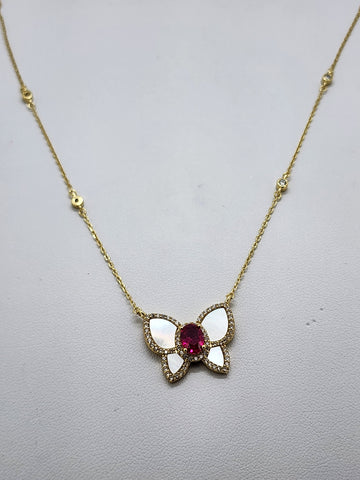 Brand New Sterling Silver 925 Pink Gemstone Butterfly Necklace