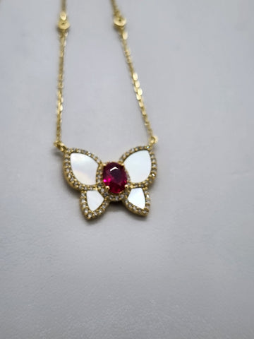 Brand New Sterling Silver 925 Pink Gemstone Butterfly Necklace