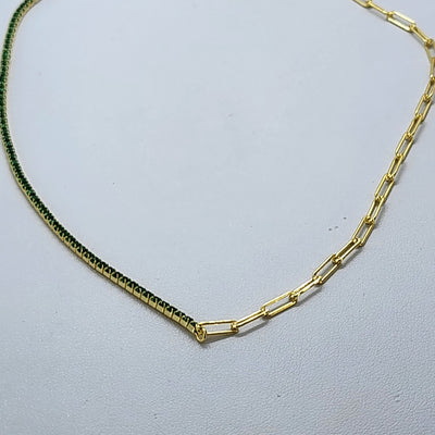 Brand New Sterling Silver 925 Green Tennis Paper Clip Style Necklace