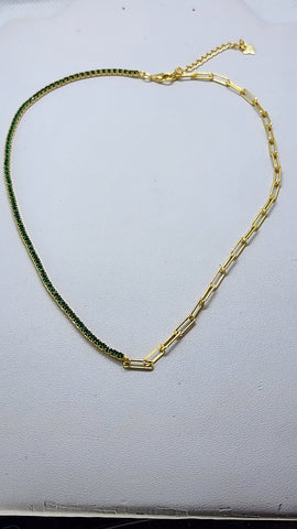 Brand New Sterling Silver 925 Green Tennis Paper Clip Style Necklace