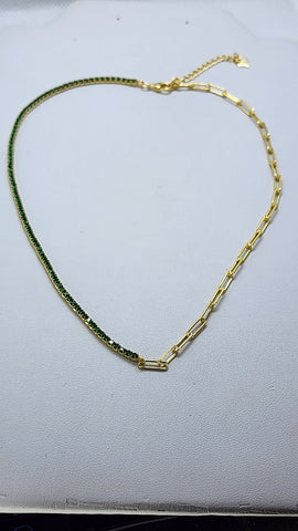 Brand New Sterling Silver 925 Green Tennis Paper Clip Style Necklace