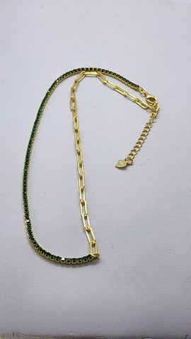 Brand New Sterling Silver 925 Green Tennis Paper Clip Style Necklace