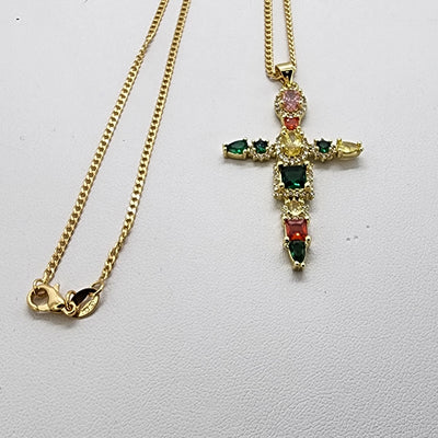 Brand New Multi Color Gemestone Cross Necklace