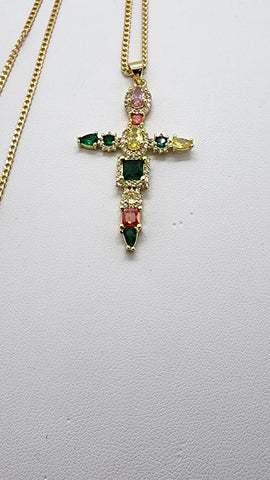 Brand New Multi Color Gemestone Cross Necklace