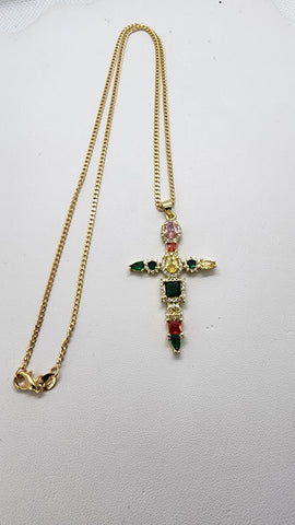 Brand New Multi Color Gemestone Cross Necklace