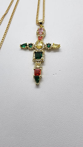 Brand New Multi Color Gemestone Cross Necklace