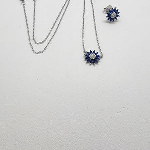 Brand New Strerling Silver 925 Blue SunFlower Earrings and Necklace Set