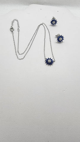 Brand New Strerling Silver 925 Blue SunFlower Earrings and Necklace Set